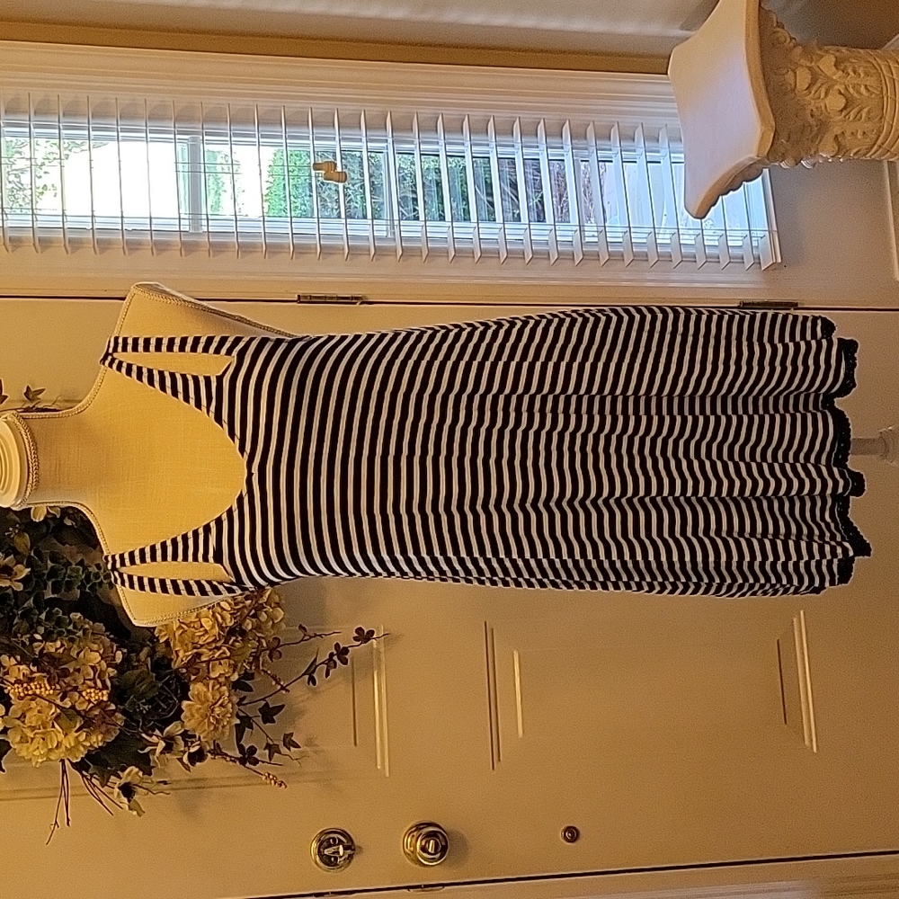 Red Camel dress navy blue white striped double strap lace trim hem Medium EUC …